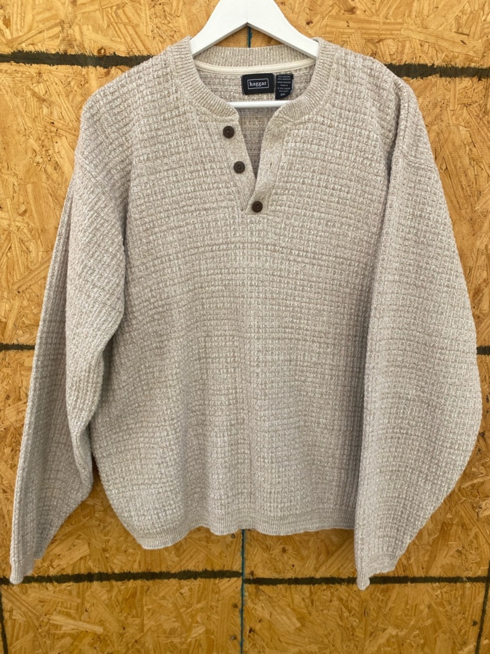 Haggar Beige Waffle-Knit Henley Crewneck Sweater GUC XXL
